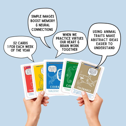 VIRTUE CHARACTER BUILDING CARDS ~ Yellow/blue Tin