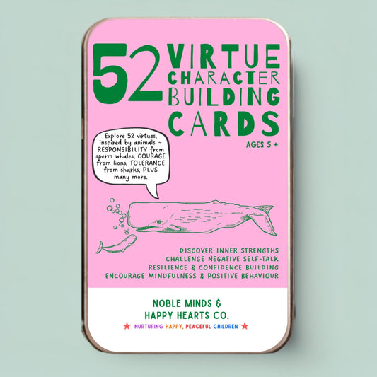 Pink 52 Virtue Cards on a light blue background